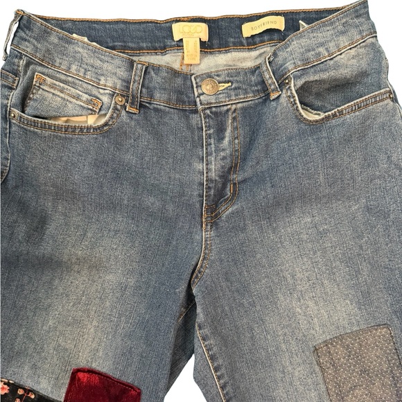LOGO Lori Goldstein Patchwork Boyfriend Jeans Raw Hem Ankle Crop Size 6 Boho - Picture 4 of 8